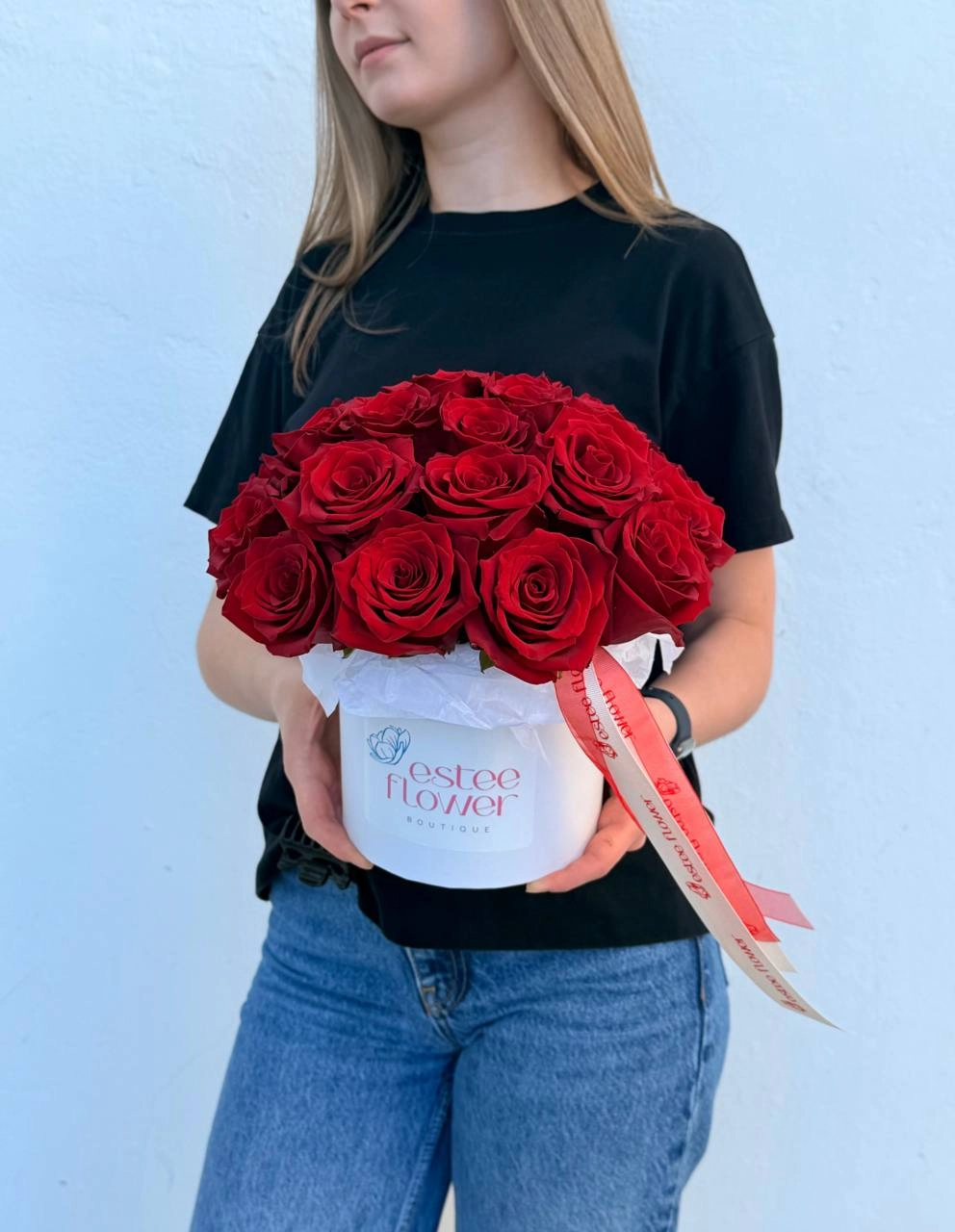 Hat box with red roses arrangement with premium red roses