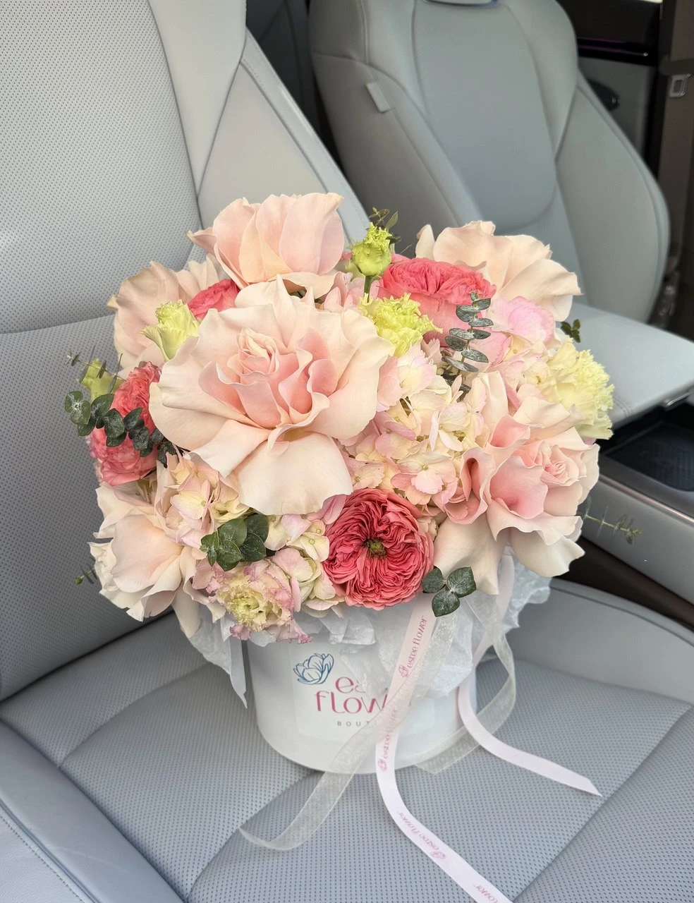 pink hat box flowers with coral pink garden roses