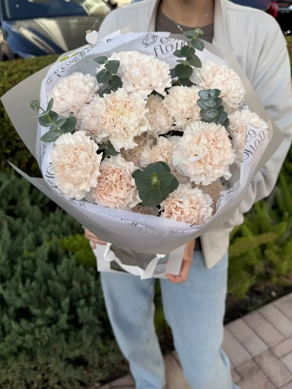 Carnation bouquet with eucalyptus and fresh carnations